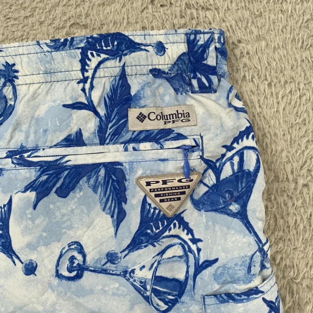 Columbia‎ PFG Swim Trunks Mens XL Blue Tropical Print Omni-Shade Fishing Shorts